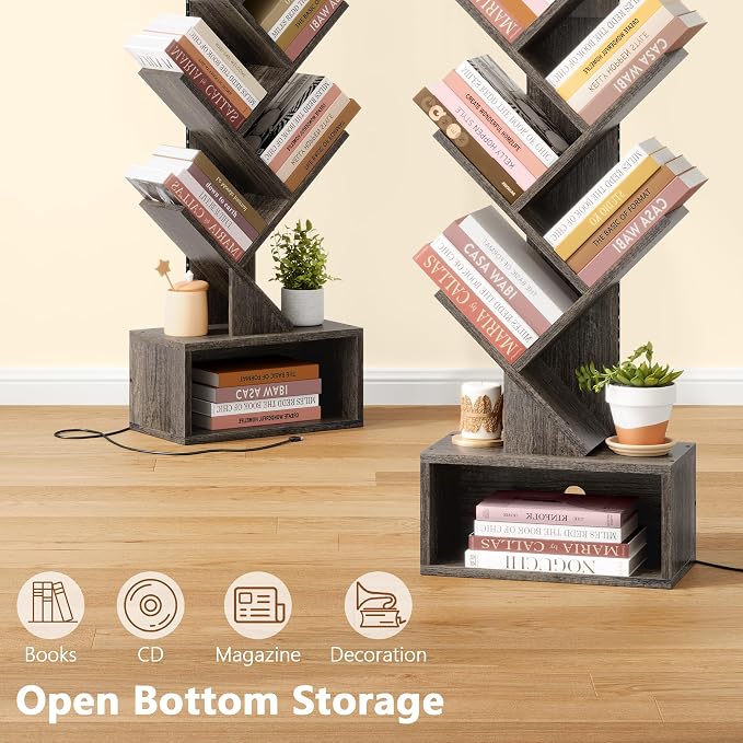 Hoctieon 6 Tier Tree Bookshelf, Tall Bookcase, Freestanding Book Shelf with LED Lights, Display Floor Standing Storage Shelf, Book Organizer Shelves for Home Office, Living Room, Grey