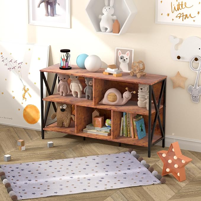 Adompacat 47" 5 Cube Low Bookshelf, Rustic Wood Storage Horizontal Bookcase | 320lbs heavy duty, robot vacuum friendly, 30-min assembly, open cubby storage for home office bedroom living room