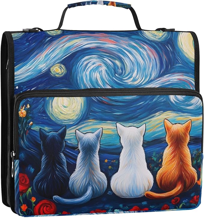 MNSRUU 3 Ring Binder Bag, 2 Inch D-Rings Easily Organizes 1 Inch Fits Letter Sized Paper, Cats Watching Stars Moon Large 3 Hole Zipper Binder Organizer for School Office Supplies