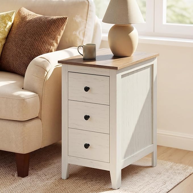 VASAGLE Side End Table with 3 Storage Drawers, Nightstand Farmhouse | Narrow Bedside Table for Living Room, Bedroom, Home Office, Rustic White and Honey Brown, LIRY Collection ULET132W101S
