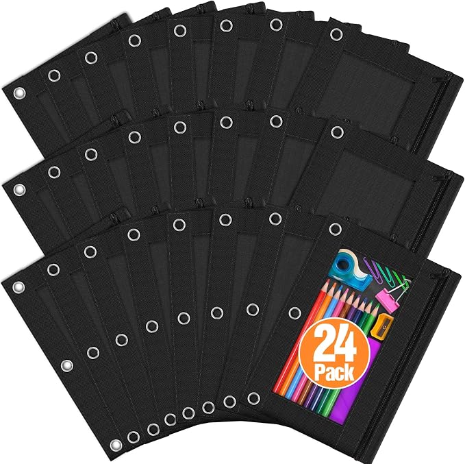 Pencil Pouch for 3 Ring Binder, 24 Pack Pencil Bags with Zipper, Black Pencil Case for Classroom School Office Supplies, Large Sturdy and Durable Cloth Pencil Pocket for 3 Holder Binder