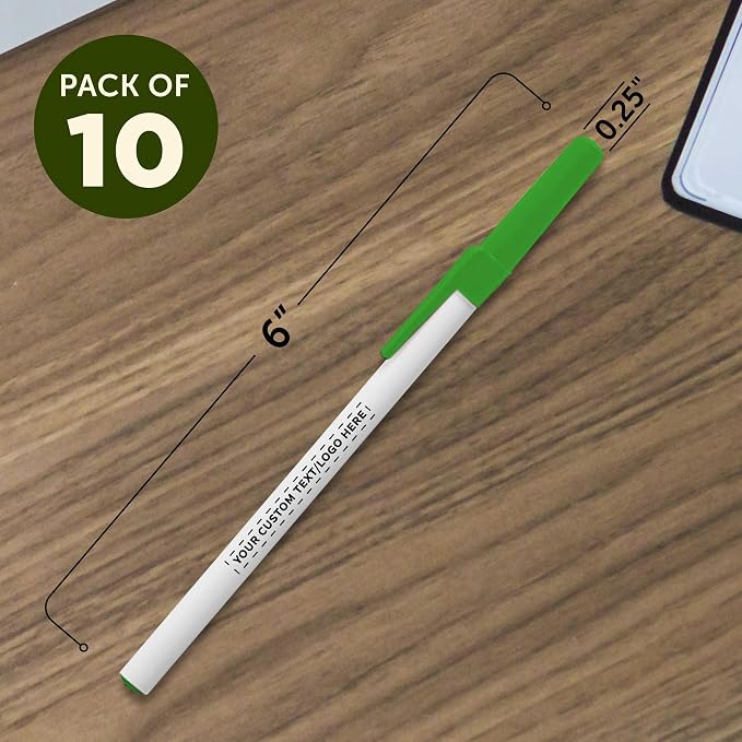 DISCOUNT PROMOS Custom Value Stick Pens Set of 10, Personalized Bulk Pack - Blue Ink, Great for Office, School, Business, Tradeshows, Events - Green Cap
