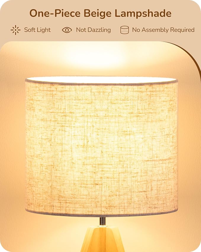 EDISHINE Small Table Lamp, Boho Bedside Lamp, Linen Fabric Shade, 14.2 Inch | ON/Off Switch, Wood Tripod Base, E26 Socket, Boho Nightstand Lamp for Living Room, End Table, Office