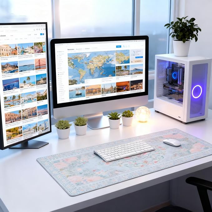 Giant Floral Desk Pad, Blue XXL Long Mouse Mat with Anti-Slip & Stitched Edge, Cute Office Decor for Women, Home Computer Workstation