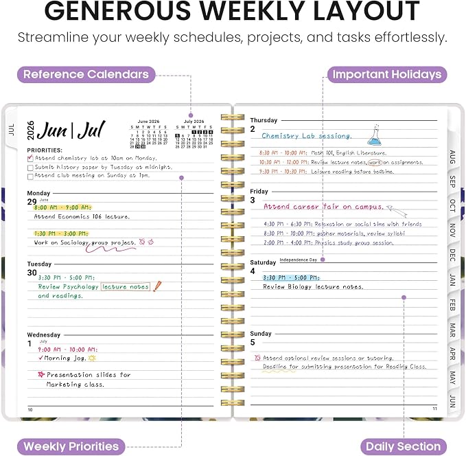 Planner 2026-2027, Monthly & Weekly Jul 2026-Jun 2027 Calendar Book | 6.3" x 8.5", Hardcover Spiral Planner with Tabs, School & Daily Pretty Agenda for Women, Students, Teachers, Violet Petals