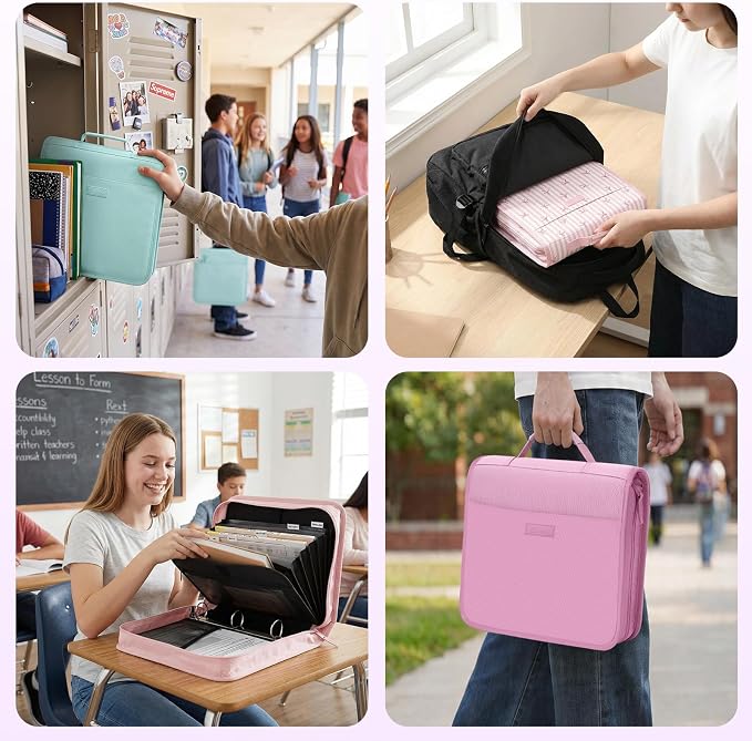 Zipper Binder with Handle, 1.5 Inch O-Ring, 325 Pages Capacity, with 5-Tab Expanding File Folder for Classified Storage, Small Size Lightweight Zipper Bag for Middle School Students, Grape Purple