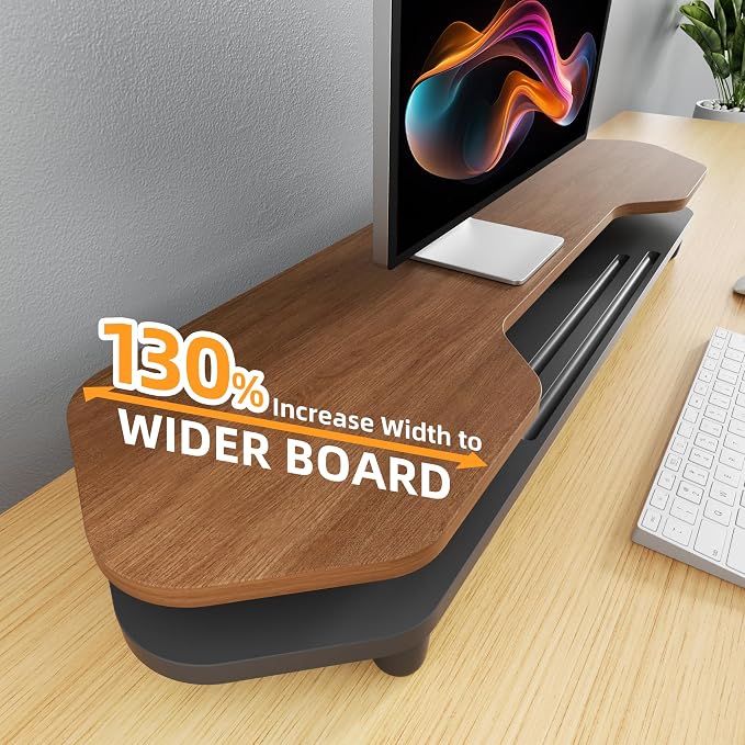 Dual Monitor Stand Riser, 39.4 Inch Large Monitor Stand with Storage Shelf, 2-Tier Desk Organizer for PC, Laptop, Printer | 2 Slots for Phone/Tablet, Computer Monitor Riser, Wood Desk Shelf for TV