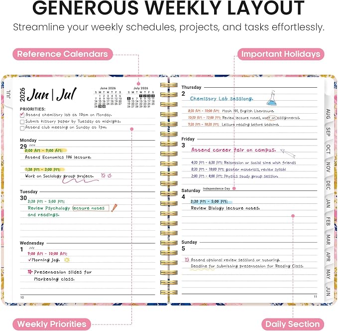 Taja Planner 2026-2027, Jul 2026-Jun 2027 Monthly & Weekly Calendar Planner | 6.3" x 8.5", Hardcover Academic Calendar, Teacher Student Agenda Book with Tabs, School Office Supplies, Pink Garden