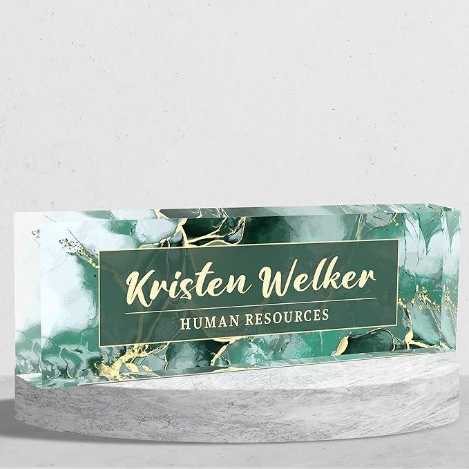 Personalized Name Plate for Desk Custom Acrylic Desk Name Plate Custom Employee Appreciation Gifts Office Gifts for Women, Men, Boss, Coworkers, Teacher, Nurse (Green Phnom Penh Marble)