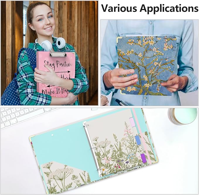 3 Ring Binder 1 Inch Round Ring Binder with 6 Tab Dividers，2 Interior Pockets，Cute Binder Clipboard with Storage, for School Office, Portfolio(Stay Positive)
