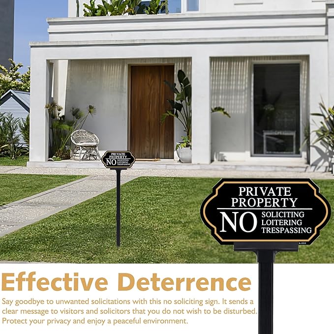 Private Property No Trespassing Sign with Stake, No Soliciting Sign for House 5x10 inch/35 inch High, for Front Door/Lawns/Gardens and Business
