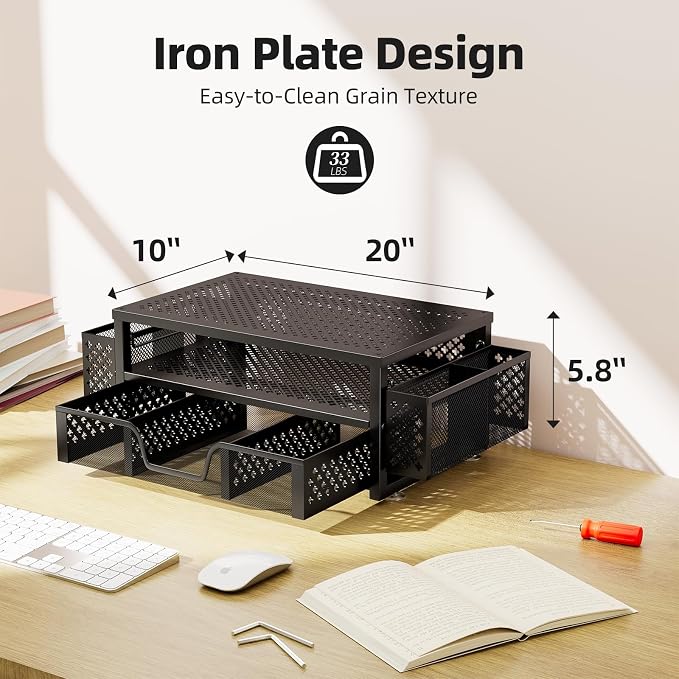 Simple Trending Monitor Stand with Drawer, 2-Tier Laptop Stand, Black | Desk Organizers and Accessories with Drawer and 2 Pen Holders, Sturdy Metal Stand Riser for Home Office, 20"W x 10"D x 5.8"H