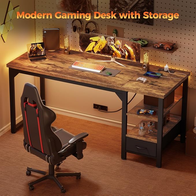 54" Computer Desk with Drawer, 1.2" Thick Reversible Office Desk | Modern Writing Table with Power Outlets & Storage Shelves, Heavy Duty Industrial Executive Desk for Home Bedroom Study Work