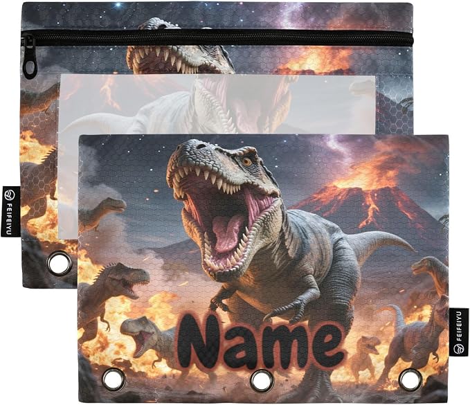 Custom Dinosaurs Roar Pencil Pouch for 3 Ring Binder, 2 Pack Personalized Name Waterproof Pencil Bags Clear Window Pencil Case School Office Supplies
