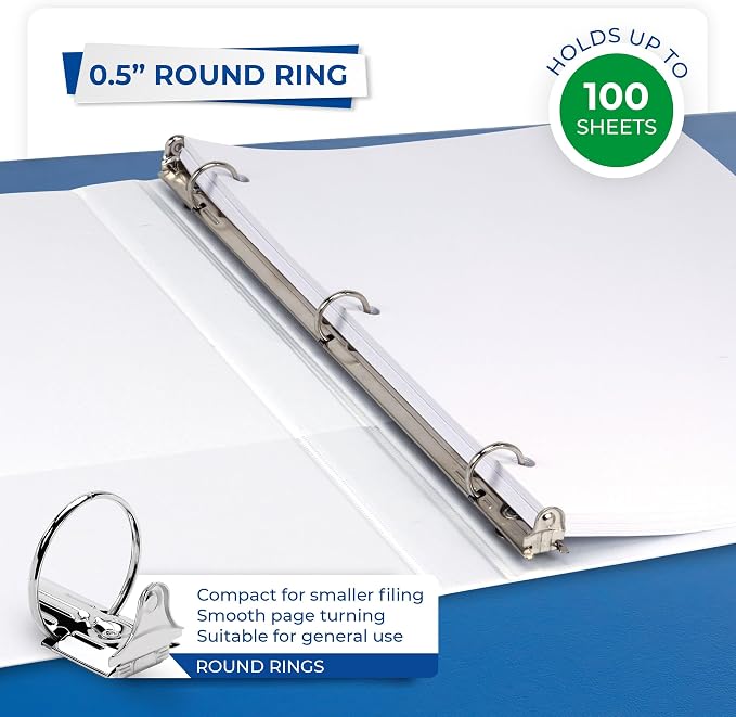 Samsill 0.5 Inch 3 Ring Binders, Economy Round Ring, Clear View Cover, 100 Sheet Capacity - for School, Home, Office - White, 24 Pack