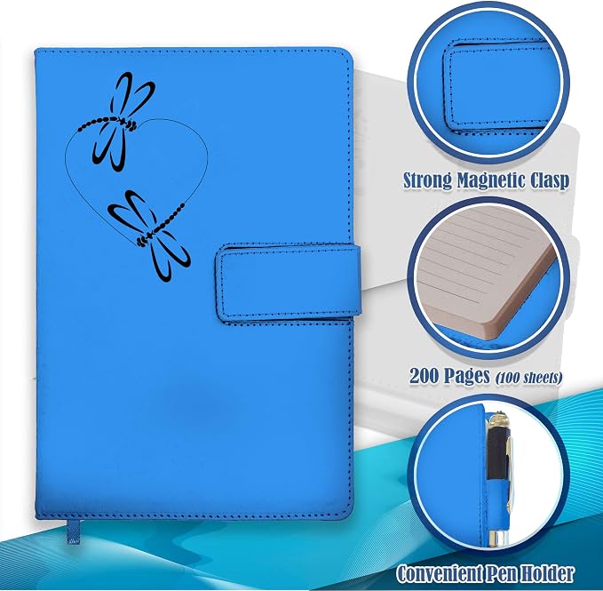 The Amazing Office Dragonfly Heart Refillable Journal, Light Blue Faux Leather, 200 Lined Pages, 5.75x8.5 Inch Notebook with Magnetic Clasp and Pen Holder, Writing Diary for Women and Men