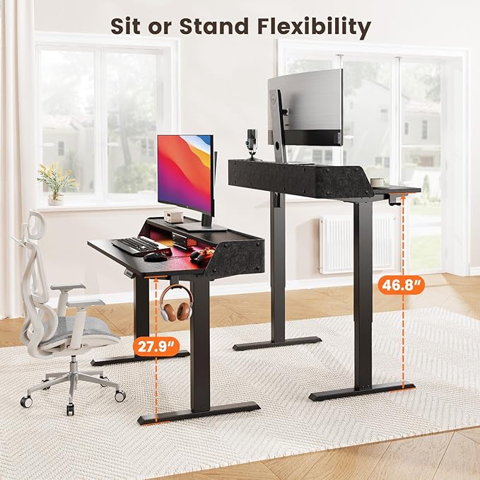 ErGear Standing Desk with LED Strip, 48″ x24″ Electric Height Adjustable RGB Gaming Desk with Shelf, Sit Stand Desk with Dual Cable Holes, C-Clamp Mount Compatible, 4 Preset Heights, Black