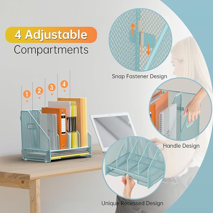 Docnest Mesh Desk File Organizer, 4 Vertical Compartment Box Sorter, Blue | Features 3 removable middle dividers for custom spacing and a bottom letter tray to hold paper, mail, and documents