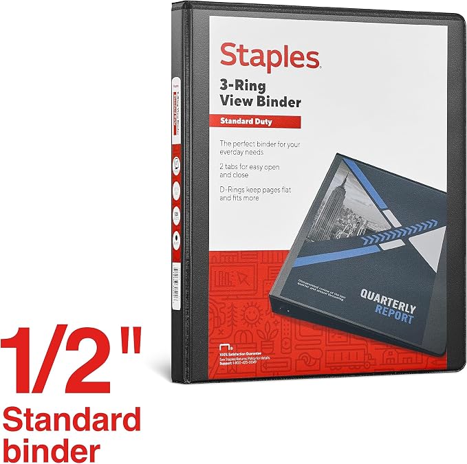 Staples 1/2" 3-Ring View Binder, D-Ring, Black, 4/Pack