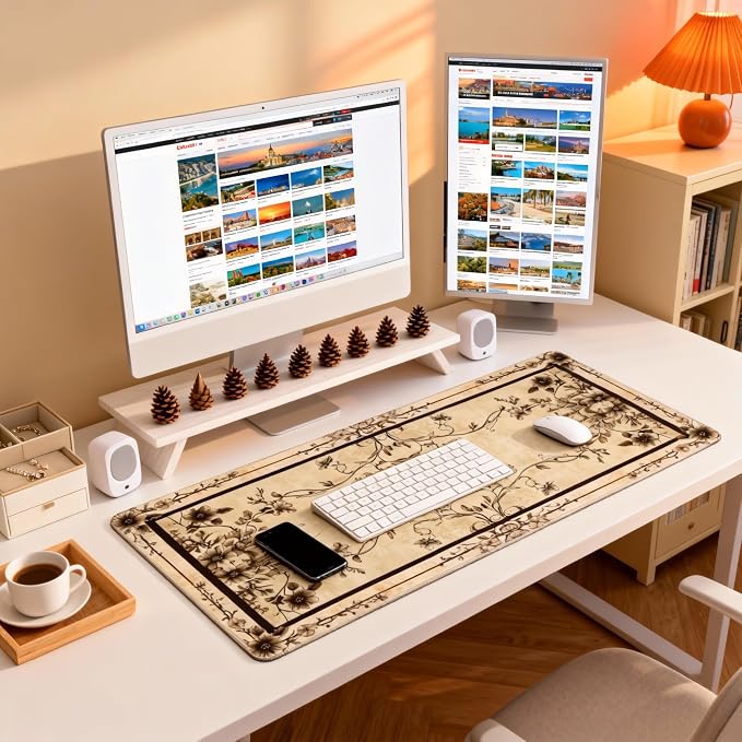 Floral Aesthetic Rose Gaming Mouse Pad, Earth Black Rug Desk Mat with Anti-Slip Base & Stitched Edges, Computer Keyboard & Laptop Pad, 35.4" x 15.7" in in Workstation Accessories