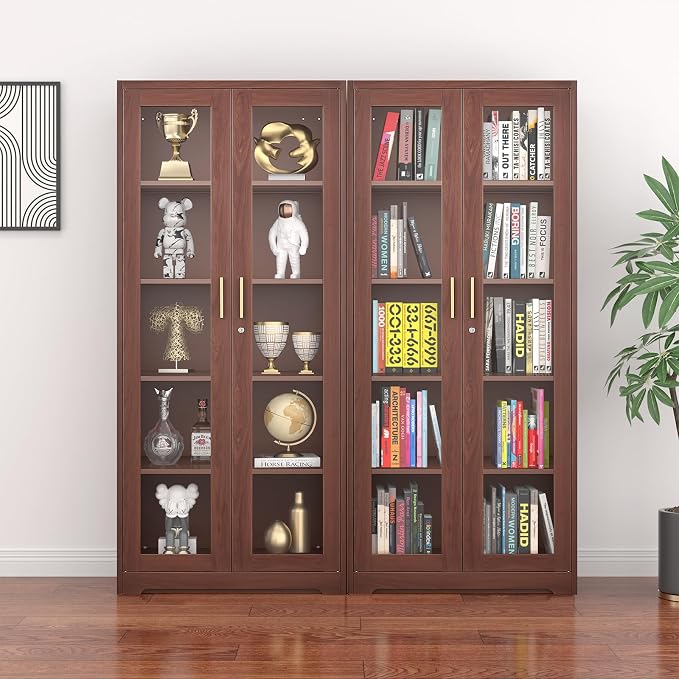 Polup 71" Wood Grain Metal Glass Display Cabinet with Security Lock | 5-Tier Curio Case & Tempered Doors, 4 Adjustable Shelves, Heavy-Duty China Storage for Living Room, School & Commercial