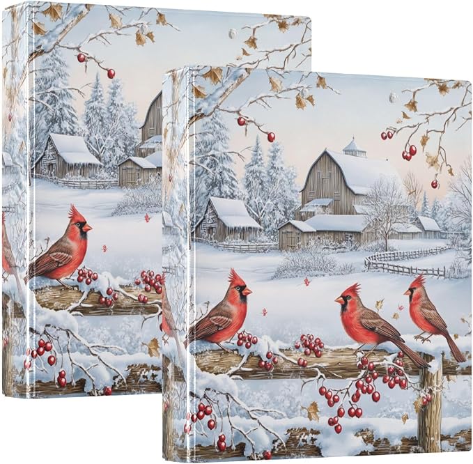 Winter Red Birds Snowy Farm House 3 Ring Binder 1.5" Decorative D-Ring Binder with Clipboard&3 Clear Pockets, Holds 200 Sheets A4 Size Paper Waterproof Binders for School Home Office