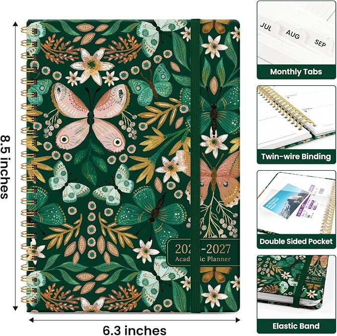 Taja Planner 2026-2027, Jul 2026-Jun 2027 Monthly & Weekly Calendar Planner | 6.3" x 8.5", Hardcover Academic Calendar, Teacher Student Agenda Book with Tabs, School Office Supplies, Butterfly