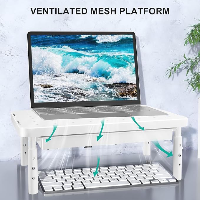 WALI Computer Monitor Stand with Storage, Monitor Riser 3 Height Adjustable | Laptop Riser with Airflow Vents, Desk Organizer for Computer, Printer, Notebook (PTT002-W), 1 Pack, White