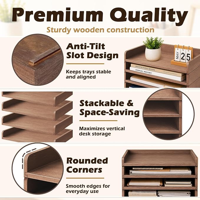 4 Pack Stackable Paper Tray, Wooden Paper Tray Organizer with Letter Tray, Paper Holder for Desk, Desktop File Storage Rack for Study, Home and Office (Walnut)