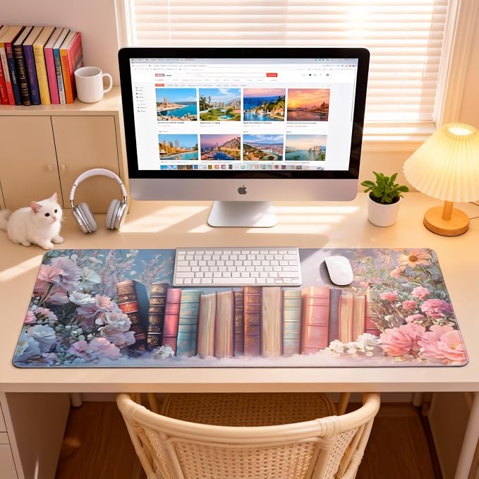 Cute Floral Aesthetic Book Gaming Mouse Pad, Blue Pink Dreamy Desk Mat with Anti-Slip Base & Stitched Edges, Office Supplies & Desk Decor for Women, 35.4" x 15.7" in Home Office Essentials