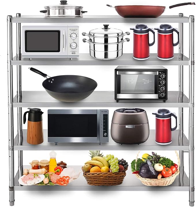VEVOR Stainless Steel Shelving 60x18.5 Inch 5 Tier Adjustable Shelf Storage Unit Stainless Steel Heavy Duty Shelving for Kitchen Commercial Office Garage Storage 330lb Per Shelf