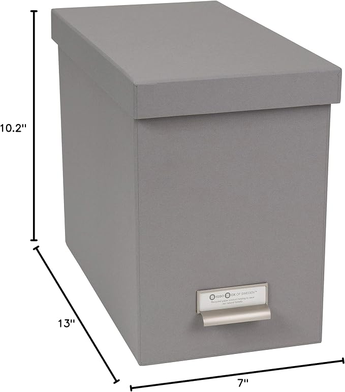 Bigso John Fiberboard Label Frame Desktop File Storage Box - Document Organizer for Important Paperwork - Durable Hanging File Box with a Lid & Metal Label Window - 7.36 x 13.38 x 10.51 in - Grey