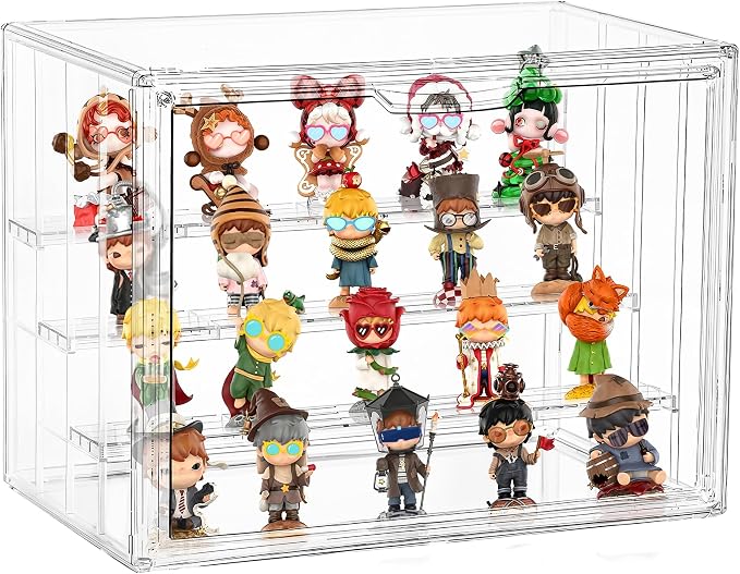 Clear Acrylic Display Case for Figures 4 Layer Figure Display Shelf with 3 Movable Plate Stackable Display Box with Magnetic Door for Collectibles 1 Pack