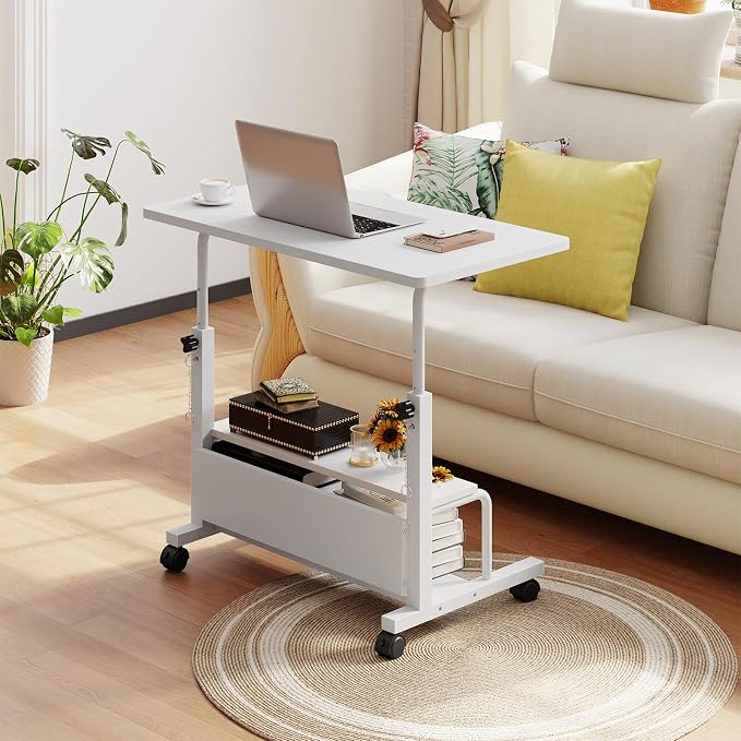 DUMOS Rolling Desk, Storage Shelves, Laptop Table, Home Office | Height Adjustable Design, Computer Desks on Wheels, Portable for Small Spaces Use, White