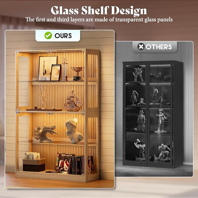 AMERLIFE 45-Inch RGB Display Cabinet with Glass Doors | 70 H x 45 W x 16 D In, 4-Tier Storage, RGB LED Lights, Press-to-Open Doors, for Collectibles, Wood-Grain Slatted Finish