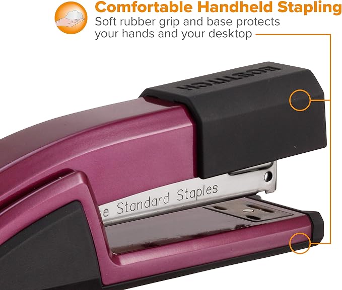 Bostitch Office Epic Metal Desk Stapler, 25 Sheet, Staple Remover, Purple | Die-cast body opens 180 degrees for bulletin boards, with a temporary stapling option and a hidden slot for backup fasteners.