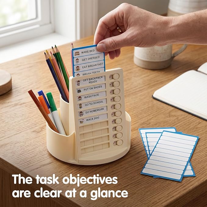 360 Rotating Pen Holder for Desk with Checklist Routine Chart Pencil Organizer To Do List Planning Board with Slider Pen Organizer with 7 Slots Desk Organizers and Accessories for Office School Home