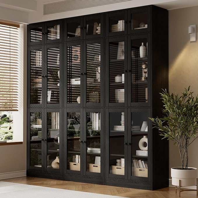 TUSY 85.5" Modern Tall Bookcase with Glass Doors, 7-Tier Wood Bookshelf with Storage for Home Office, Large Curio Cabinet for Living Room, Office, Bedroom, Family Room (Black, AAA)