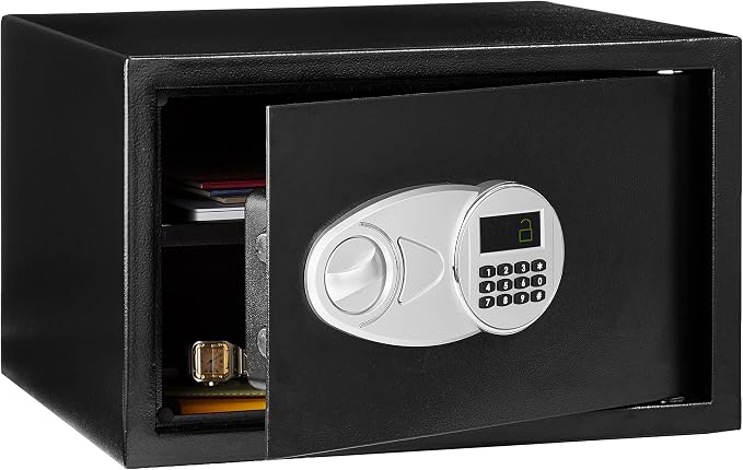 Amazon Basics Steel Security Safe and Lock Box with Digital Keypad, Easy to Use, Removable Shelf, Secure Cash, Jewelry, Documents, Black, 1.2 Cubic Feet, 16.9-x-14.6-x-10.6-inches (WxDxH)
