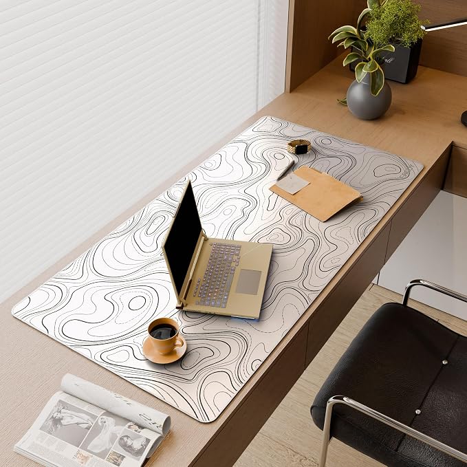 Cacoy 48"x24" White Topographic Large Gaming Mouse Pad Extended PC Desk Mat | Extra Large Computer Mouse Mat with Stitched Edges, Minimalist Contour Line Non-Slip Rubber Base Desk Pad Office Accessories
