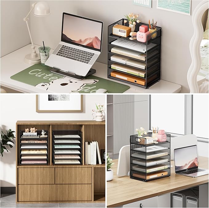Subekyu 2-Pack 6-Tier Paper Tray Organizer for Desk - Black Mesh File Folder Sorter with Handles, Desk Letter Holder for Office, Home, School Supplies Storage & Organization