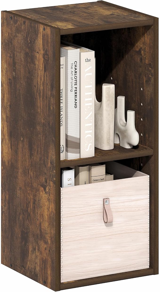 Furinno Fulda Book Shelf, 2-Tier Narrow Bookshelf, Bookcase with 10-in Width Storage Shelf, 9.3 x 9.8 x 21.2, for Living Room, Bedroom, Home Office, Amber Pine