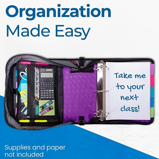 Case-it School Zipper Binder | 4" D-Rings | 800-Sheet | D-186 Deep Purple | King Sized Zip Tab, 5-Subject Expanding File Folder, Multiple Pockets, Storage Organizer, Shoulder Strap, 4-Pack, Office