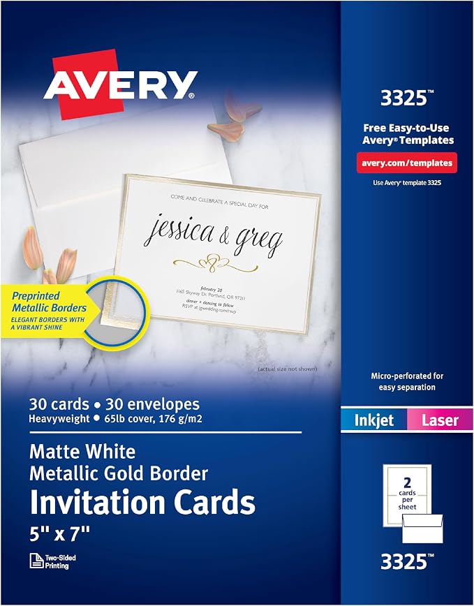 Avery Invitation Cards, Metallic Gold Borders, 5" x 7" Matte White, Laser/Inkjet Printable, 30 Cards and Envelopes (3325)