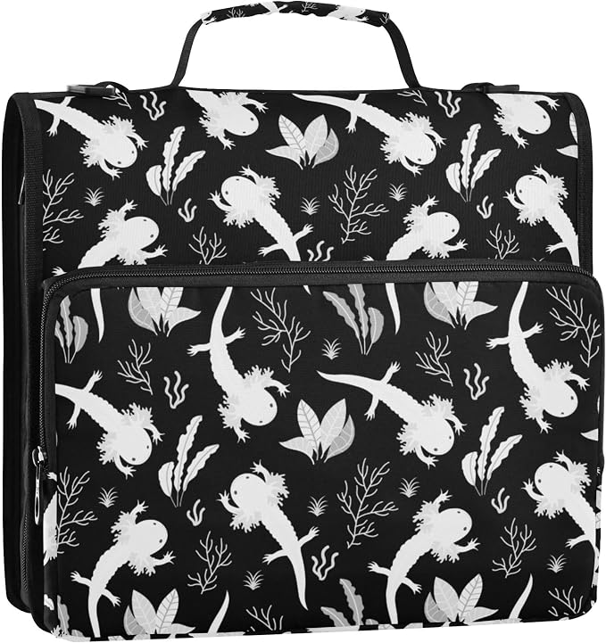 Fisyme Sea Fish Axolotls Zipper Binder 3 Ring with Zipper and Shoulder Strap Large Capacity Multi-Pocket Zipper Binder Organizer