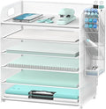 6 Tier Desk Organizer with 4 Pen Holders & Mesh Paper Trays White | 6 Tiers Paper Organizer, File Organizer Letter Tray with Handle for A4 Files, Folders, Mail and Office Supplies