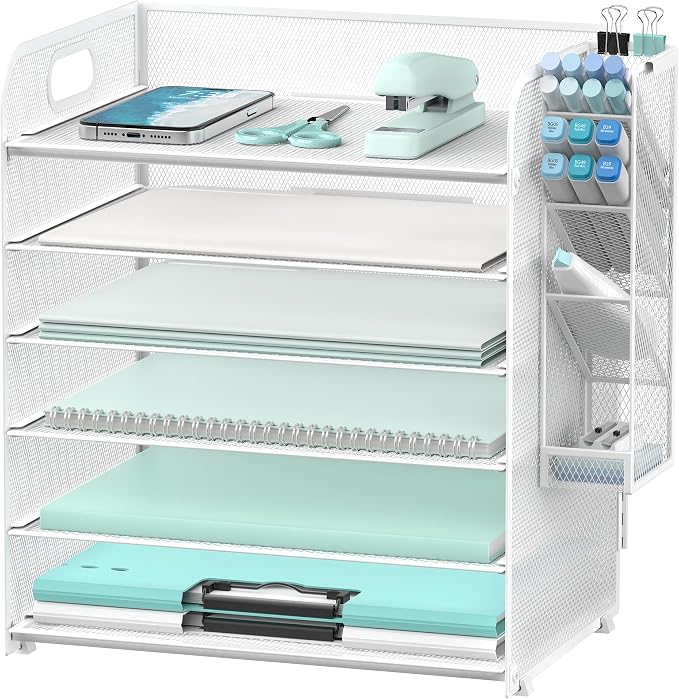 6 Tier Desk Organizer with 4 Pen Holders & Mesh Paper Trays White | 6 Tiers Paper Organizer, File Organizer Letter Tray with Handle for A4 Files, Folders, Mail and Office Supplies