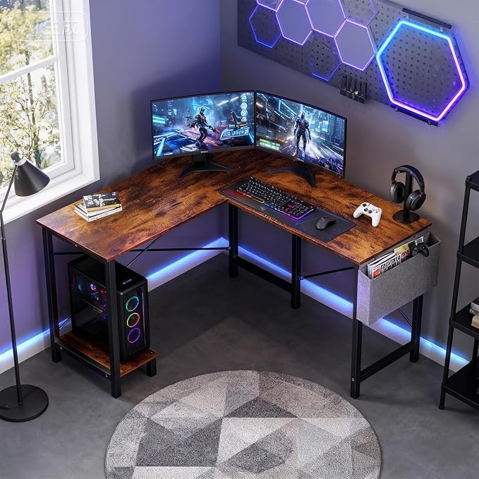 Alpen Corner Desk, L Shaped Gaming Desk with Storage Pocket and CPU Stand, Work Desk for Home Office, Small Corner Study Writing Table with Sturdy Metal Frame, 50 Inch, Rustic Brown