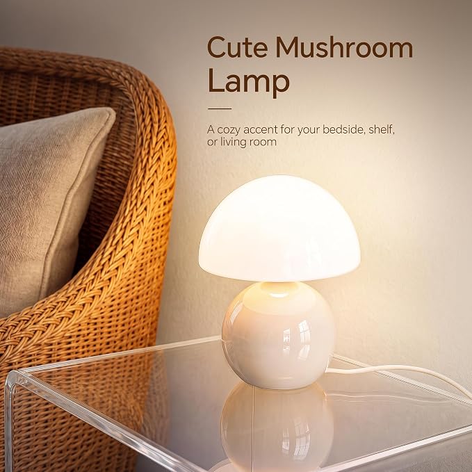 Mushroom Lamp Table Lamp for Bedroom-Small Desk Table Lamps,Cream | 8.7" Mid Century Modern Table Lamps for Living Room Bedroom Decor,Cute Ceramic Lamps for Mushroom Home Room Decor,Glass Shade
