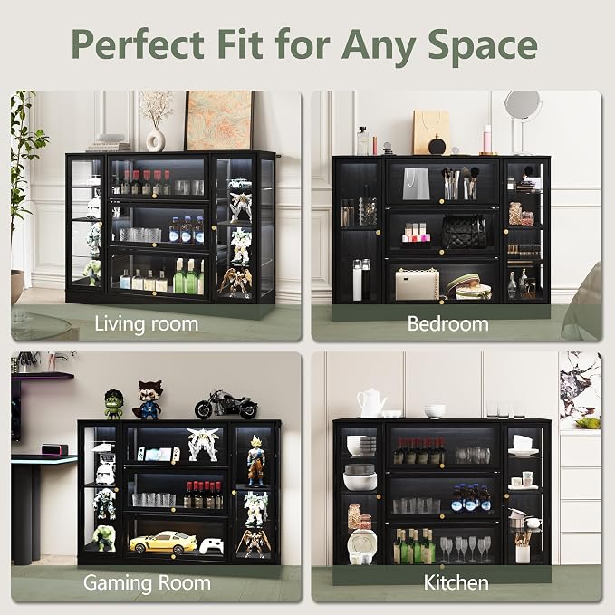 Display Cabinet with Acrylic Glass Doors,Extra Wide Curio Cabinet with LED Lighting for Collectibles, Collectibles Toy Organizers Rack & Display Shelf Display Case, Black